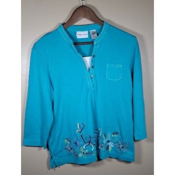 Alfred Dunner Tops - Alfred Dunner Turquoise Butterfly Floral Embroidered 3/4 Sleeve Top Size 8